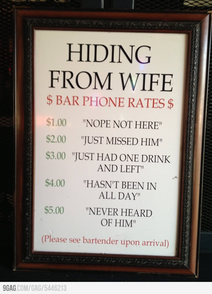 bar humor - hiding from wife bar rates